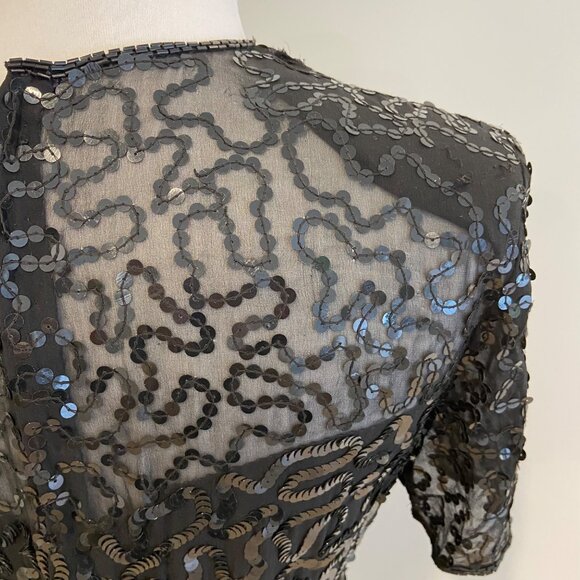 NWT Vintage Principles Black Cocktail Dress Silk Sequin Short Sleeve Sheer Back - Picture 6 of 16